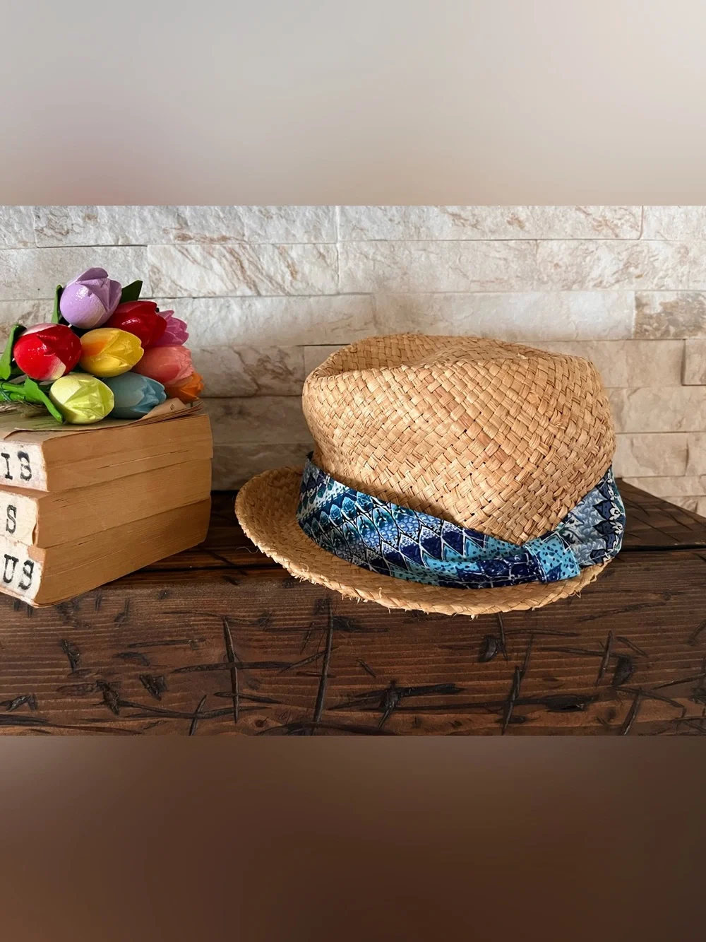Chico's Raffia Fedora with Blue Patterned Band